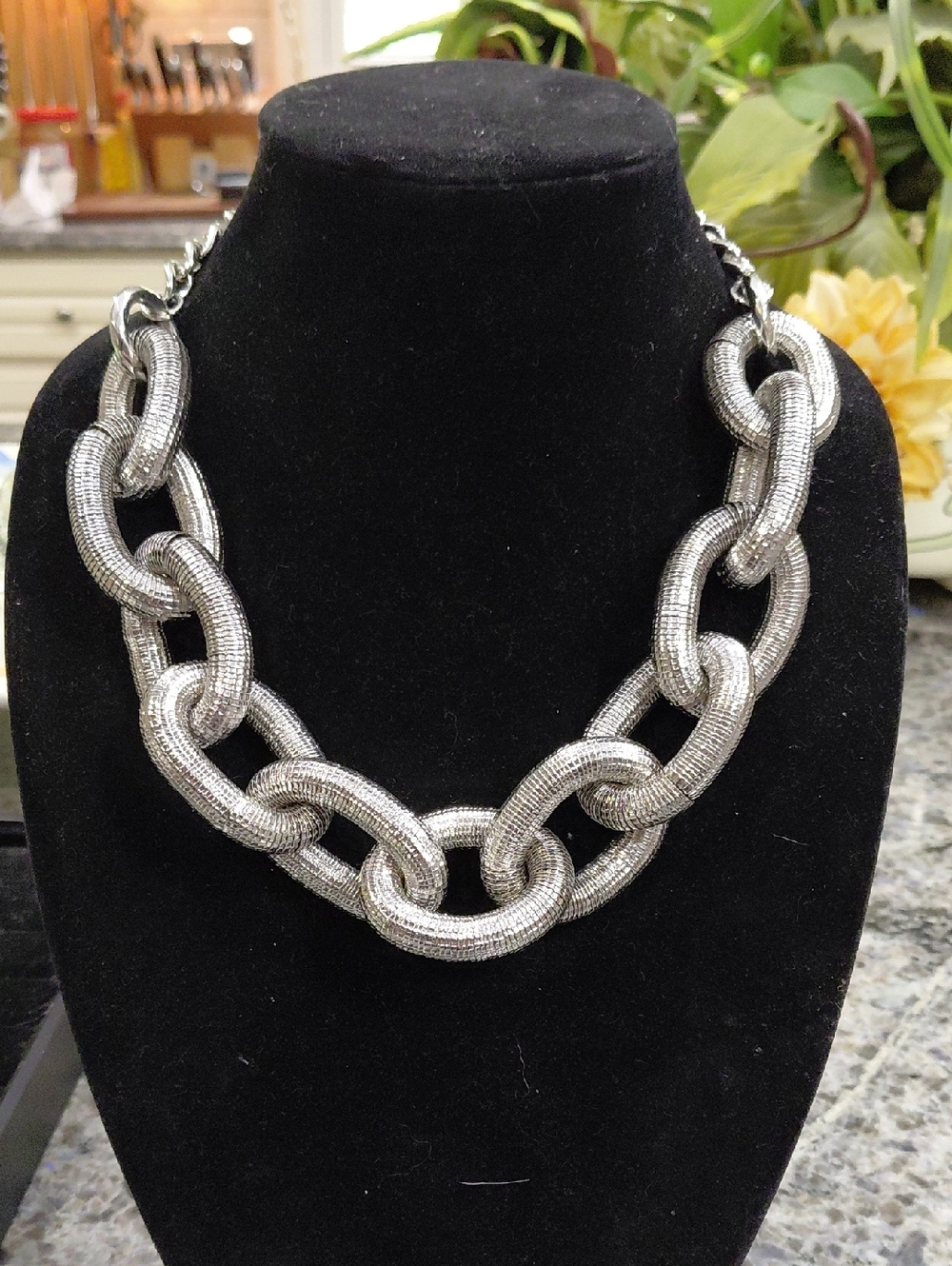 "Natasha Couture" 20in + 3in Extender, Heavy Shiny Silver Textured Link Necklace